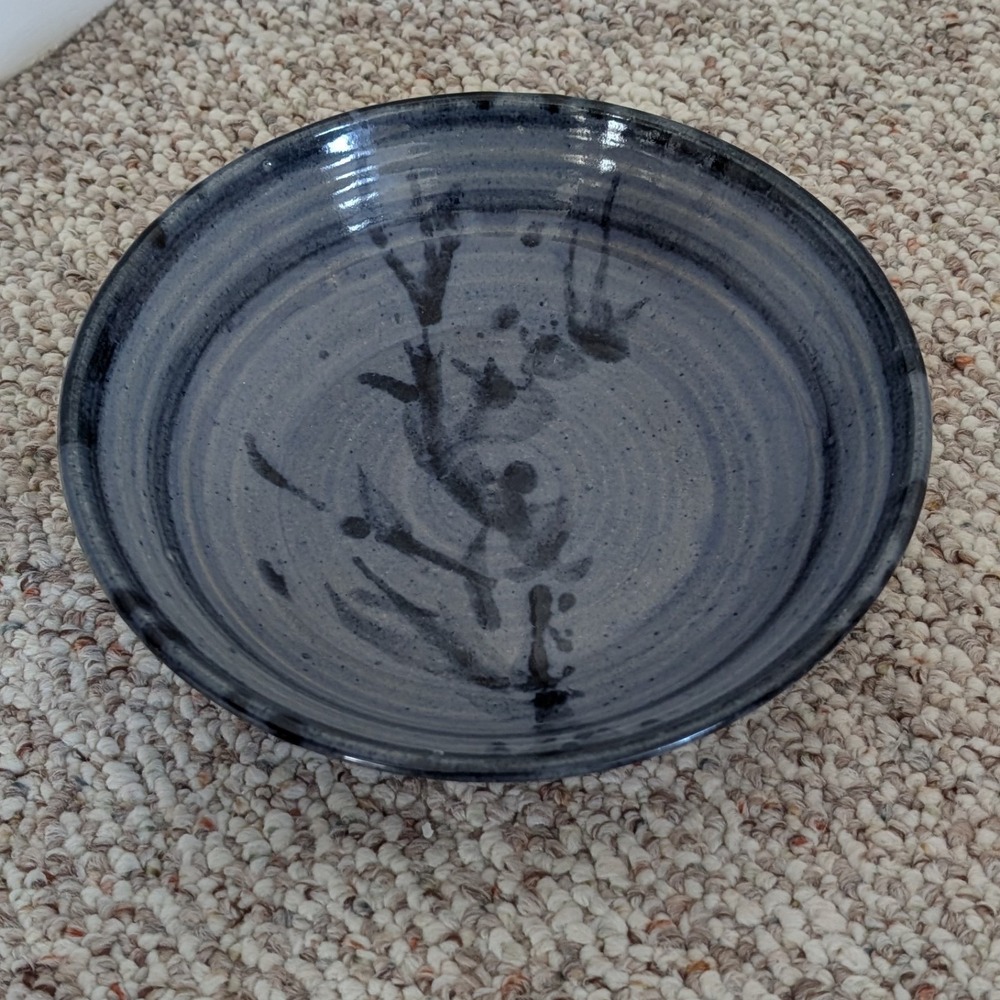 Studio Art Handmade Pottery Bowlโ Signed Ceramic Shallow Blue Glazed 9.5" Dia